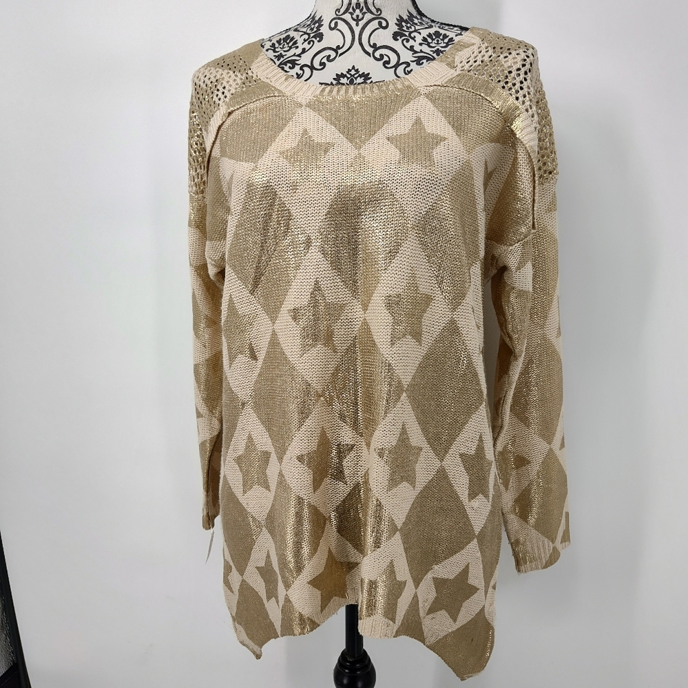 Young Threads Cream Gold Stars Women's Scoop Neck Oversized Sweater Size Medium